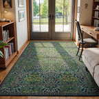Lessymo Floral Living Room Rug 5x7 Area Rug, Vintage Forest Washable Rugs for Dining Room, Bedroom, Low Pile Non Slip Rubber Green Mat, Vintage Distressed Boho Flower Print, Forest Green