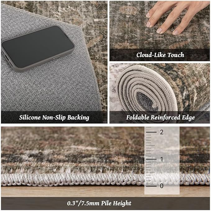 Washable 2x3 Entryway Rug, Boho Non-Slip Door Mat Vintage Distress Small Rugs for Kitchen Nursery Office Bedroom, 0.3" Neutral Oriental Throw Carpet with Cushioning Pad, Rust/Multi