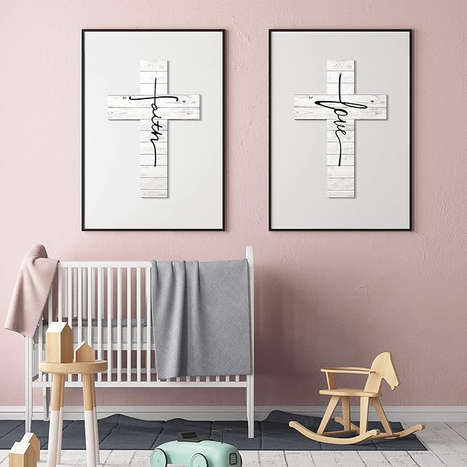 Jetec 3 Pieces Easter Faith Love Hope Cross Sign Crosses Wall Decor Wood Wall Hanging Rustic Cross Vintage Religious Love Art Decor Farmhouse Home Hanging Decorations, 12 x 8 Inch(White)