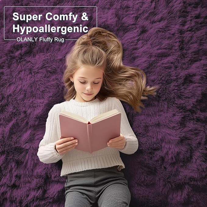 OLANLY 2x3 Machine Washable Small Bedside Rug, Soft Fluffy Shaggy Entryway Throw Rugs for Bedroom, Living Room, Indoor Floor Carpet for Kids Girls and Boys, Home Decor Aesthetic, Dark Purple