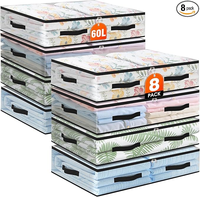 8 Pack Under Bed Storage Bags, 60L Foldable Clear Storage Containers with Handles, Dual Zippers for Comforter, Clothes, Bedding, Linen Sheets, Sweaters, Blanket Storage