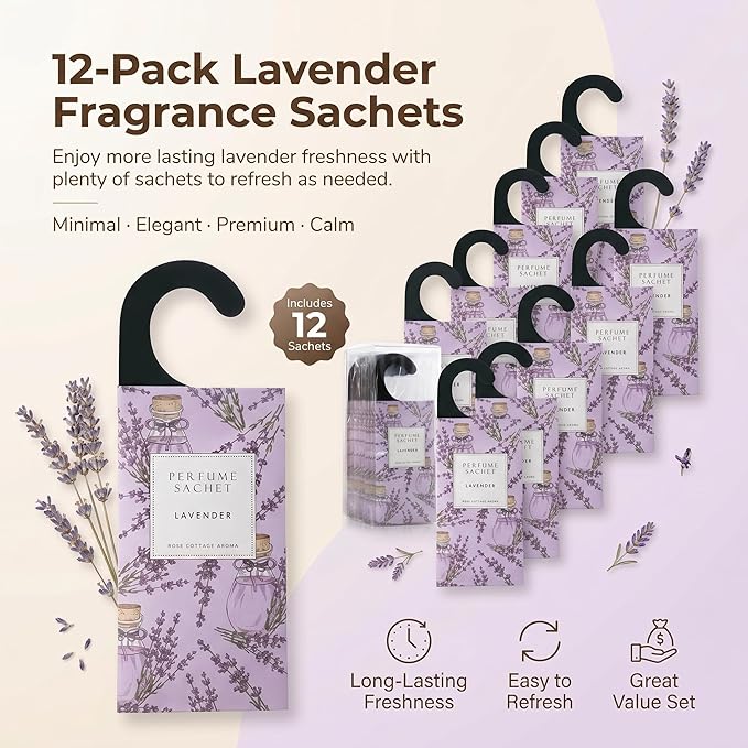 ROSE COTTAGE Large 12 Packs Lavender Hanging Closet Deodorizer Air Freshener Long Lasting Scented Sachets Smell Goods for House