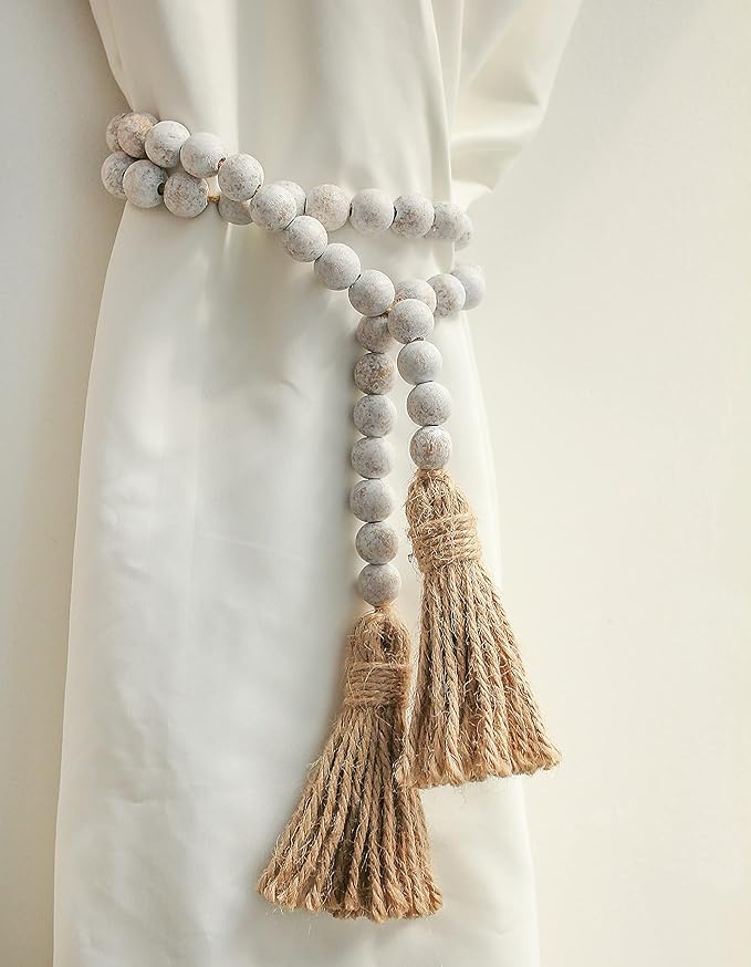 58in Wood Bead Garland with Tassels, Farmhouse Rustic Country Decor Prayer Boho Wall Hanging Decoration (Whitewash)