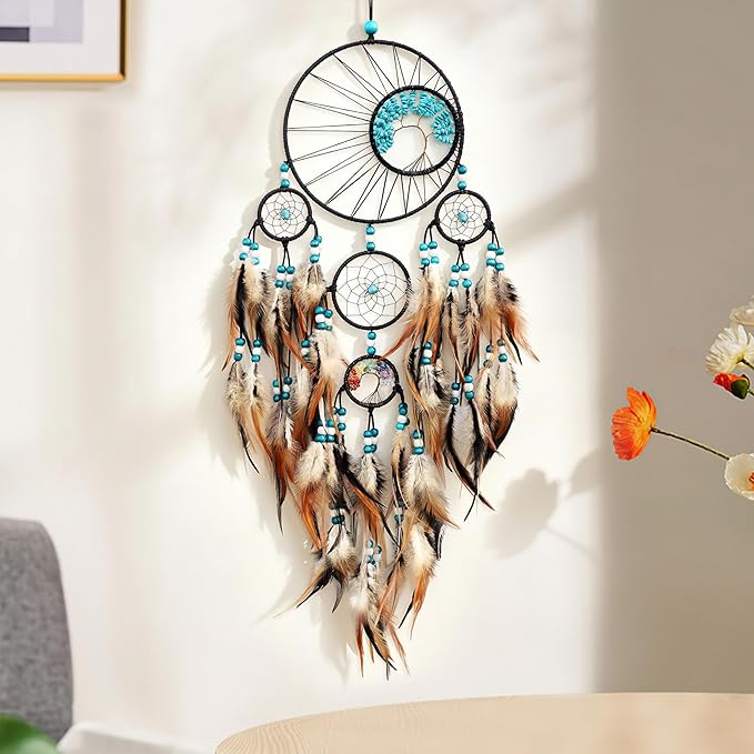Dream Catchers,Large Dream Catcher for Bedroom Adult,Native American Boho Dreamcatcher Tree of Life Wall Decor with Turquoise Hanging Ornament Teen Dorm Room Decor Festival Gift (Brown)
