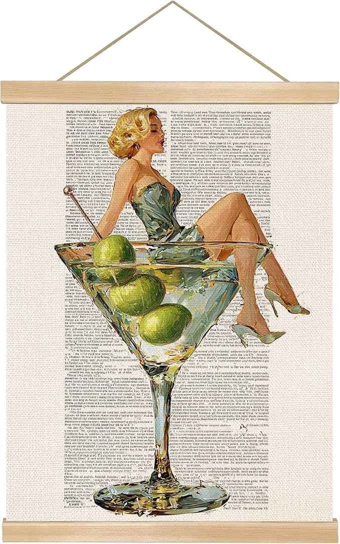 Martini Girl Wall Art, Vintage Glam Cocktail Poster, Retro Fashion Woman in Martini Glass Canvas Print, Chic Bar Lounge Wall Decor for Dining Room Kitchen or Home Office,Holiday Gift for Women 14x18.5 Inch (Begei-Woman02)