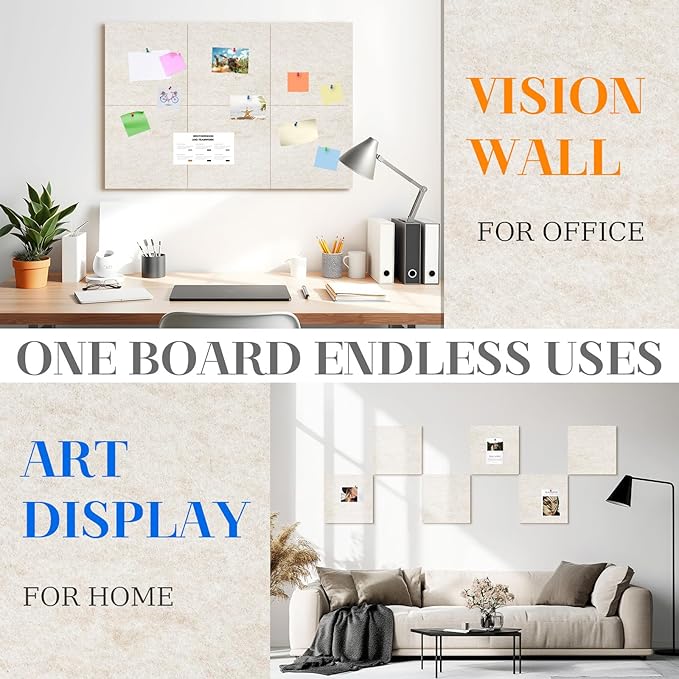 DOLLAR BOSS Felt Cork Board Tiles, 6 Packs 12" x 12" 1/2" Thick Cork Bulletin Board Adhesive Acoustic Panels Soundproof Corkboards for Walls with 60 Pushpins for Home Office Kitchen School, Beige
