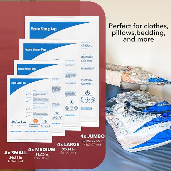 16 Pack Vacuum Storage Bags with Electric Air Pump,4 jumbo, 4 large, 4 midium, 4 small bags