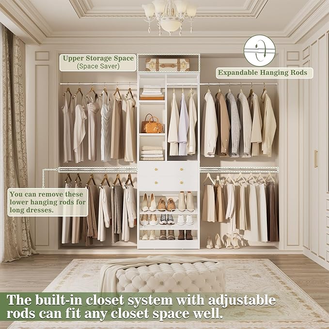 Closet System, 4.2–8.8 FT Closet Organizer with 2 Wooden Drawers and Shelves, Walk-in Closet System with Hanging Rods, Built-in Closet Tower, Can Fit 60 to 96 inch, White