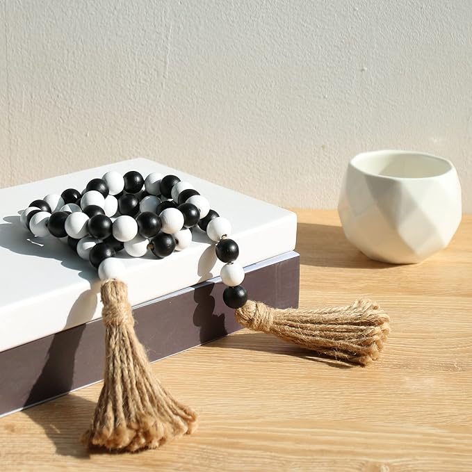 Meplait Wood Bead Garland - 39in Farmhouse Beads with Tassels for Tiered Tray Decor - Black & White