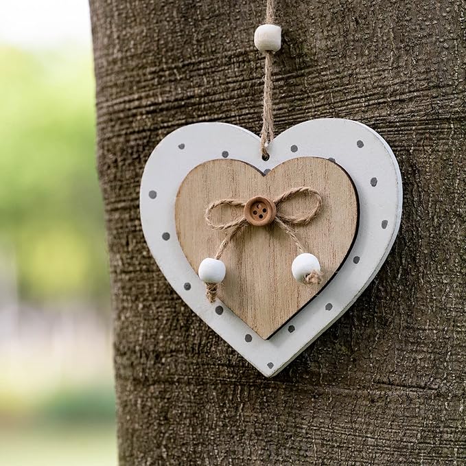 Sun&Beam Heart-Shaped Wooden Decorative 2Pcs Hanging Handmade Hearts Ornaments for Wedding Party Valentine Christmas Home Decoration Car Décor (H-#6, 2Pcs)