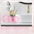 Aoriher 4 Pcs Crystal Glass Candy Jar Set with Lids Home Decorative Storage Jars for Apothecary, Bathroom, Kitchen, and Pantry, Ideal for Cotton Swabs and Jewelry (Large,Pink)