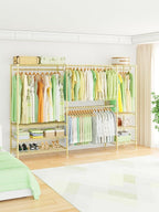 Ulif E11 Heavy-Duty Garment Rack, Metal Freestanding Clothes Rack and Closet Storage Organizer System with 8 Shelves and 4 Hanger Rods, (73.2-97.6)" W x 14.5" D x 71.2" H, Load 1034 LBS, Gold