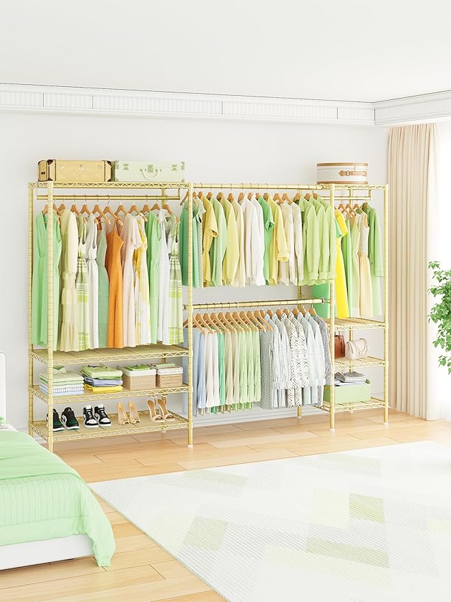 Ulif E11 Heavy-Duty Garment Rack, Metal Freestanding Clothes Rack and Closet Storage Organizer System with 8 Shelves and 4 Hanger Rods, (73.2-97.6)" W x 14.5" D x 71.2" H, Load 1034 LBS, Gold