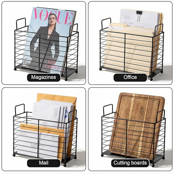 Metal Magazine Holder Rack, Black Iron Wire Storage Basket with Handles for Books, Newspapers, Tablets, Files, Mail Organizer for Home Office Living Room Bedroom