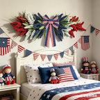 21'' 4th of July Large Swag Wreath for Front Door Red White and Blue Wheat Sheaf Artificial Independence Day Teardrop Swag for Farmhouse Kitchen Cabinet Porch Wall Window Memorial Day Arch Decoration