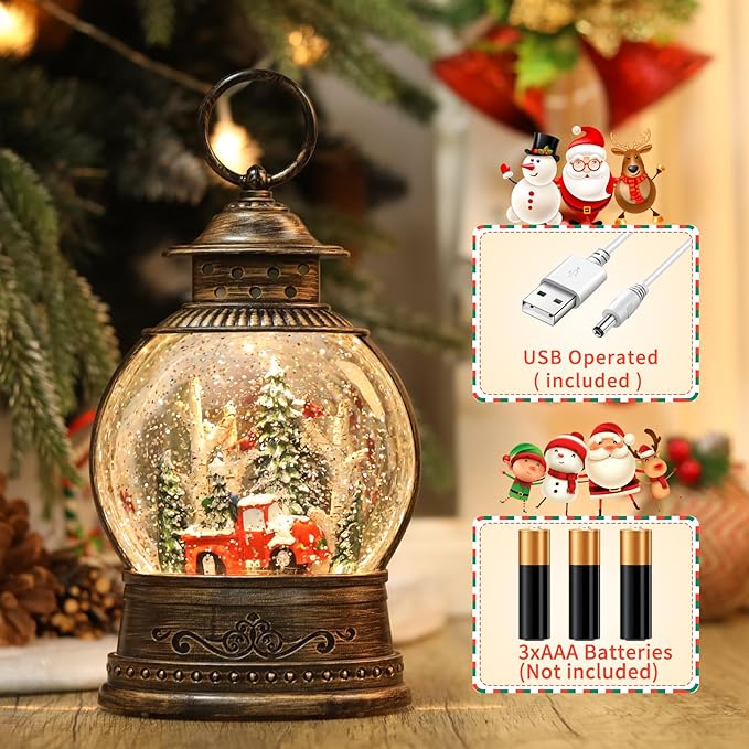 Red Truck Christmas Snow Globes, Light Up Musical Snow Globe Christmas Decorations, 6H Timer, USB/Battery Operated, Red Truck Indoor Home Décor