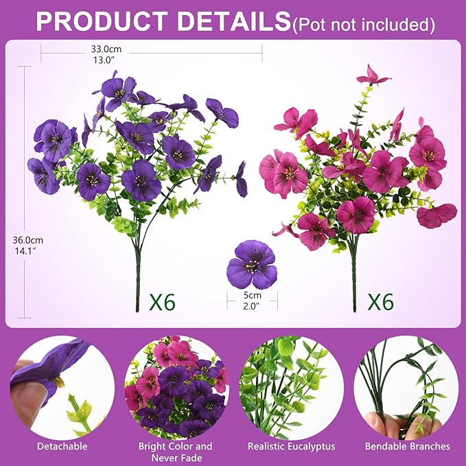 Artificial Fake Pansy Flowers for Outdoor, 12 Pcs Faux Silk Pansies Flower for Spring Summer Decoration, UV Resistant Fake Plants for Outside Planter Porch Yard Patio Home Decor(Purple Rose Red)
