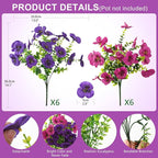 Artificial Fake Pansy Flowers for Outdoor, 12 Pcs Faux Silk Pansies Flower for Spring Summer Decoration, UV Resistant Fake Plants for Outside Planter Porch Yard Patio Home Decor(Purple Rose Red)