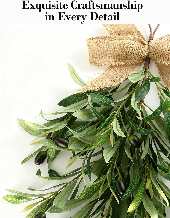 2 PCS Artificial Olive Teardrop Swag 23.6 Inch Large Faux Greenery Olive Branch Swag with UV Resistant Coating, Burlap Bow for Front Door Kitchen Cabinet Wall Lush Farmhouse All Seasons Decor