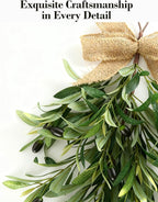 2 PCS Artificial Olive Teardrop Swag 23.6 Inch Large Faux Greenery Olive Branch Swag with UV Resistant Coating, Burlap Bow for Front Door Kitchen Cabinet Wall Lush Farmhouse All Seasons Decor