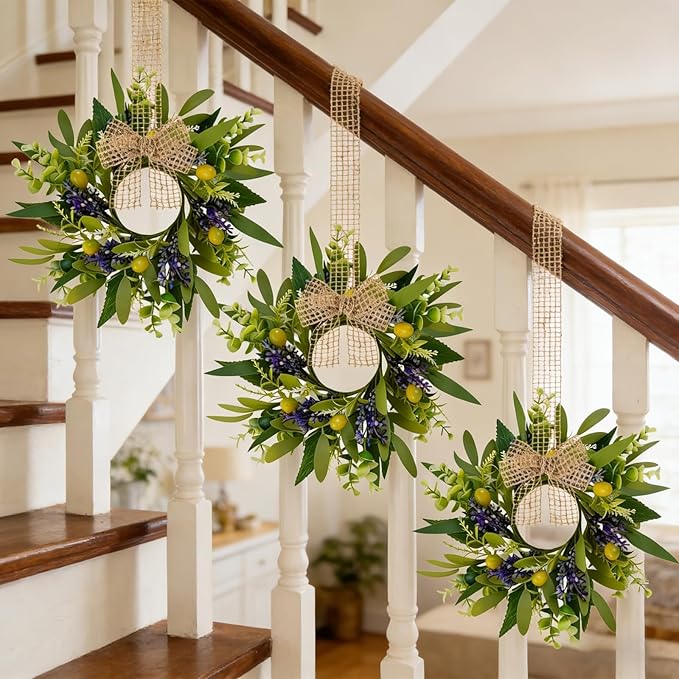 6 PCS Green Eucalyptus Olive Swag Wreaths for Pillars Spring Summer Greenery Kitchen Cabinet Wreaths Mini Green Boxwood Leaves Wreath with Ribbon for Front Door Porch Wall Window Farmhouse Decoration