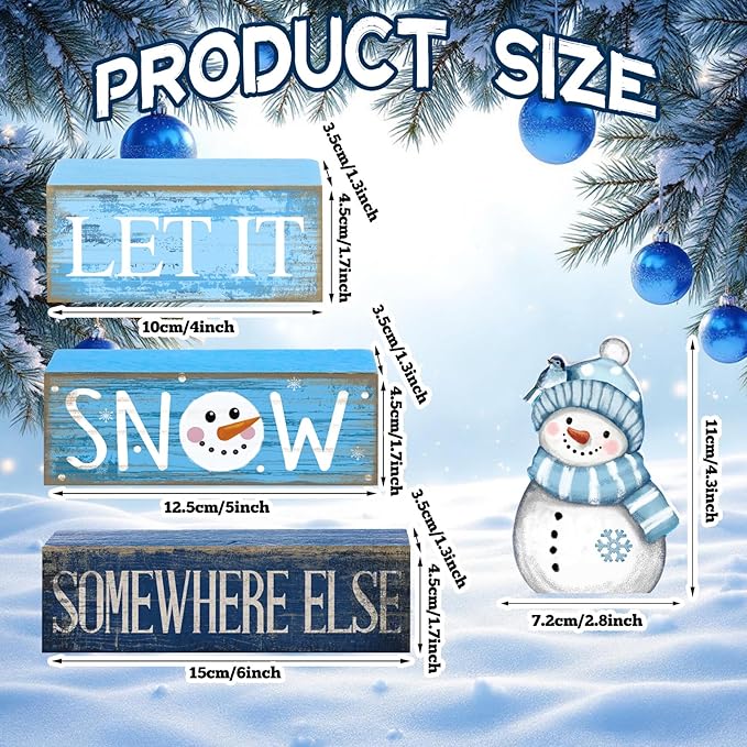 Lineshading 4 Pcs Snowman Christmas Table Decorations Blue and White Wooden Snowman Stacked Block Sign Gifts Winter Tiered Tray Decor Rustic Winter Centerpiece for Wonderland Party Home Kitchen