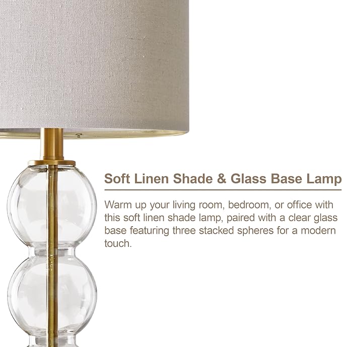 Oneach 25" Glass Table Lamps Set of 2, Gold Modern Table Lamps with USB Ports for Living Room, Linen Shade Bedside Lamps for Bedroom, Nightstand, Side Table (Bulbs not Included)