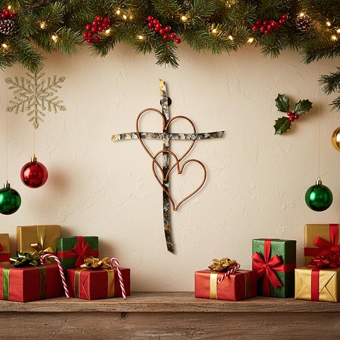 RELY+ Entwined Hearts Wall Cross Metal 13 X 9 Inch Entangled Heart Iron Wall Cross Love Heart Gift for Adult Living Room Decor Bedroom Wall Decorations
