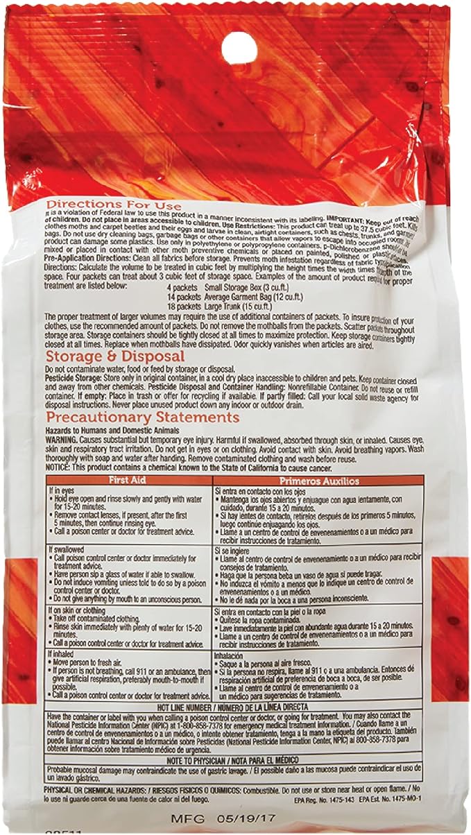 Enoz Moth-Tek Packets Cedar Scent - 12 oz. Bag (6) Kills Clothes Moths, Carpet Beetles, and Eggs and Larvae