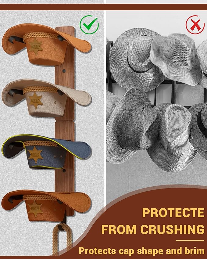 Cowboy Hat Rack for Wall, Cowboy Hat Holder for 4 with Hooks,Wooden Rustic Metal Hanger for Wall with Pine Board,Western Baseball Hat Rack Holder for Fedora, Sun Hats (4 Hats)
