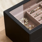 pickpiff Jewelry Box Organizer Case for Women: 3-Layer Jewelry Storage Case with Glass Window, Black Leather with Blush Velvet, Holder for Ring Necklace Bracelet Brooch Watch, Great Gift for Her