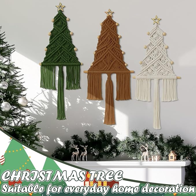 HunnmingRe 3 Pcs Large Macrame Christmas Tree Macrame Christmas Wall Decoration Hanging Ornaments Boho Wall Decor for Party Supplies (Beige,Brown and Army Green)