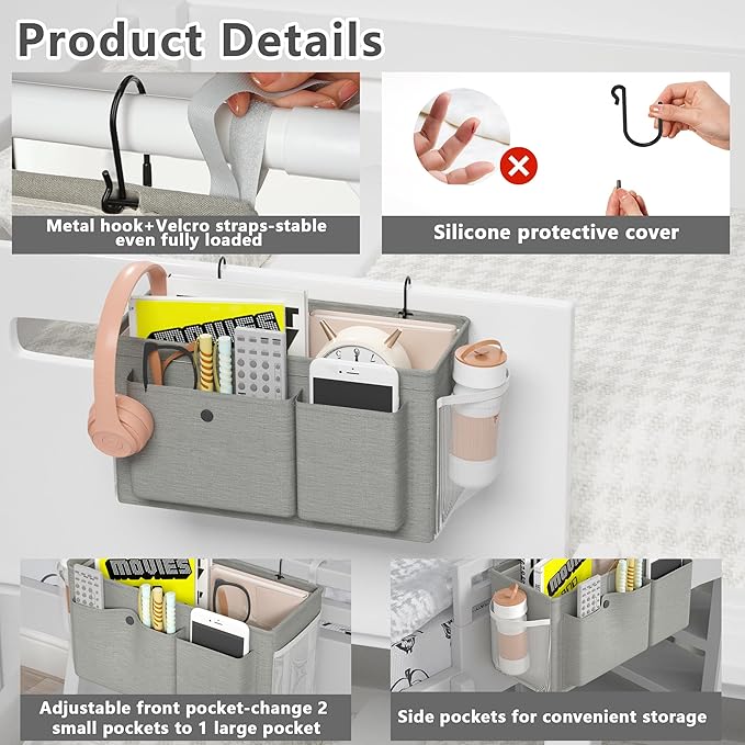 Edudif Bedside Caddy Bedside Organizer with Fixed Straps & Water Bottle Holder, Bunk Bed Caddy ideal for Home, Dorm, Hospital, Crib, Versatile Bedside Storage Solution