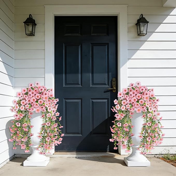 Artificial Hanging Flowers for Outdoors, UV Resistant 2PCS Fake Silk Flowers for Outside, Realistic Faux Plants for Hanging Baskets, Planters - Porch, Patio, Yard Décor (Pink)