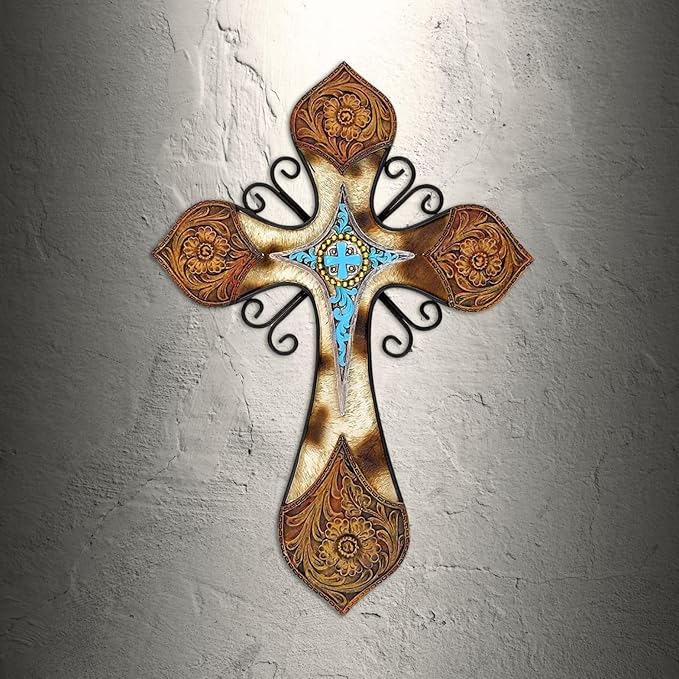 AMAJY Rustic Western Style Cowhide Faux Tooled Leather Wall Cross with Turqoise Center Piece and Floral Embossed Design Spiritual Wall art Southwest Decor