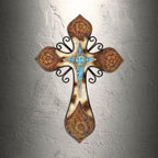 AMAJY Rustic Western Style Cowhide Faux Tooled Leather Wall Cross with Turqoise Center Piece and Floral Embossed Design Spiritual Wall art Southwest Decor