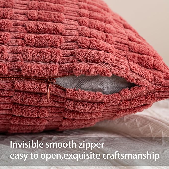 Aegero Pack of 2 Corduroy Decorative Throw Pillow Covers 18x18 InchSoft Boho Striped Pillow Covers Modern Farmhouse Home Decor for Sofa Living Room Couch Bed（Cranberry Red）
