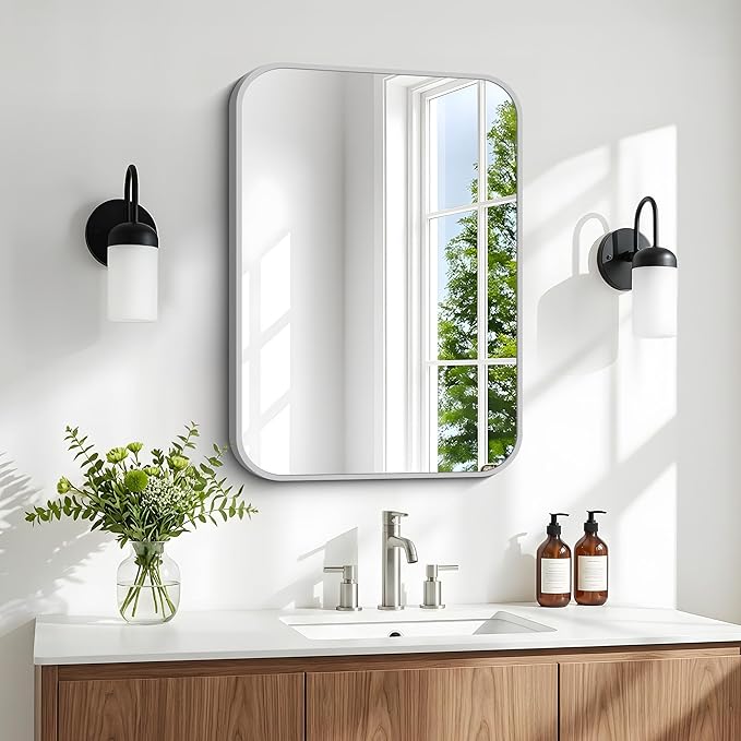 BONEWEI Silver Bathroom Mirror,16x20 inch Wall Mirror for Bathroom Wall Mounted,Rectangle Mirror for Bathroom Over Sink,Modern Frame Round Corner for Living Room,Bedroom Entryway,Horizontal/Vertical
