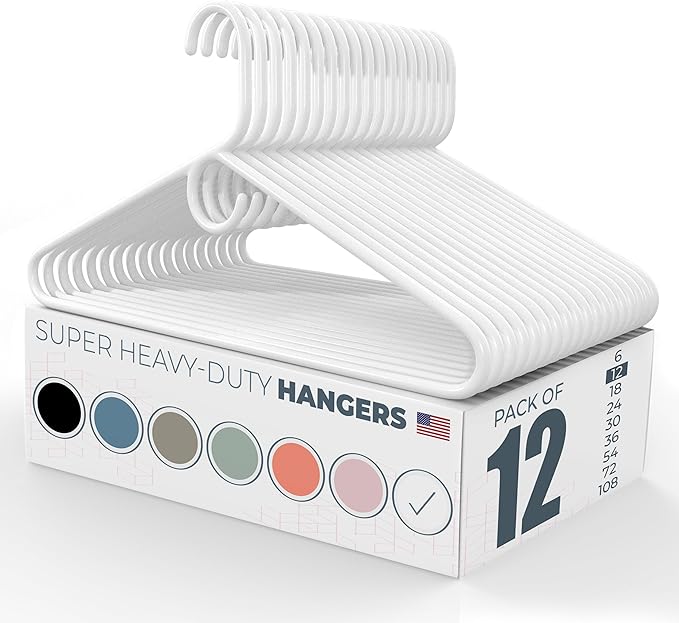 Neaties Super Heavy Duty Clothes Hangers 12 Pack – Made in The USA - 10lb Capacity, Thick Plastic Hangers for Pants, Coats, Jackets, Jeans and Adult Clothing – White