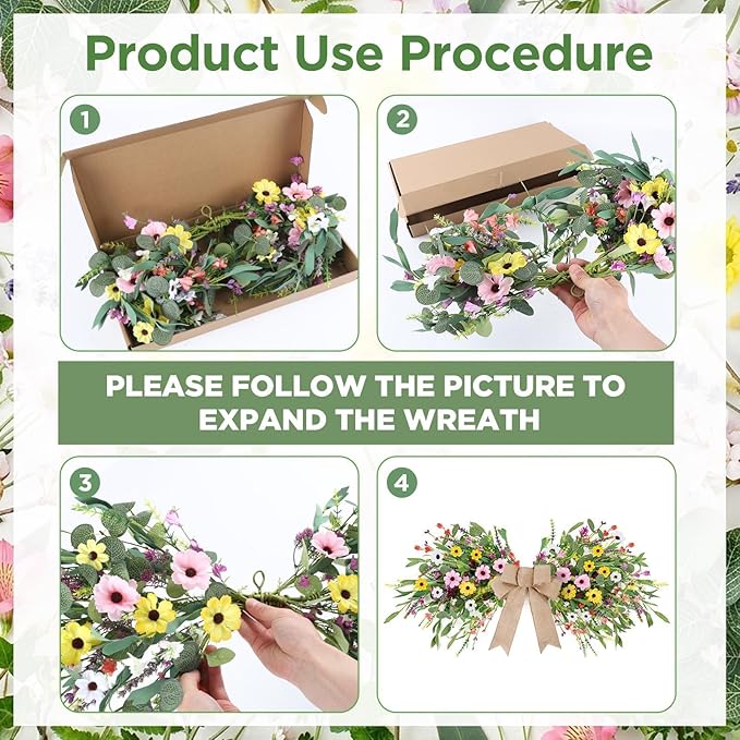 24inch Floral Swag Artificial Spring Lavender Daisy Swag with Wildflower Wisteria Front Door Twigs Leaves Flower Decorative Swag for Farmhouse Wedding Arch Party Wall Home Indoor Outdoor Holiday Decor