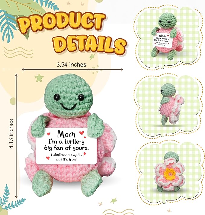 HEXMOZ Gifts for Mom from Daughter, Son - Birthday Gift, Ideas for Mothers, Mamas, Mother-in-Law - Handmade Collectible Turtle Peony Doll Crochet Emotional Support with Positive Card