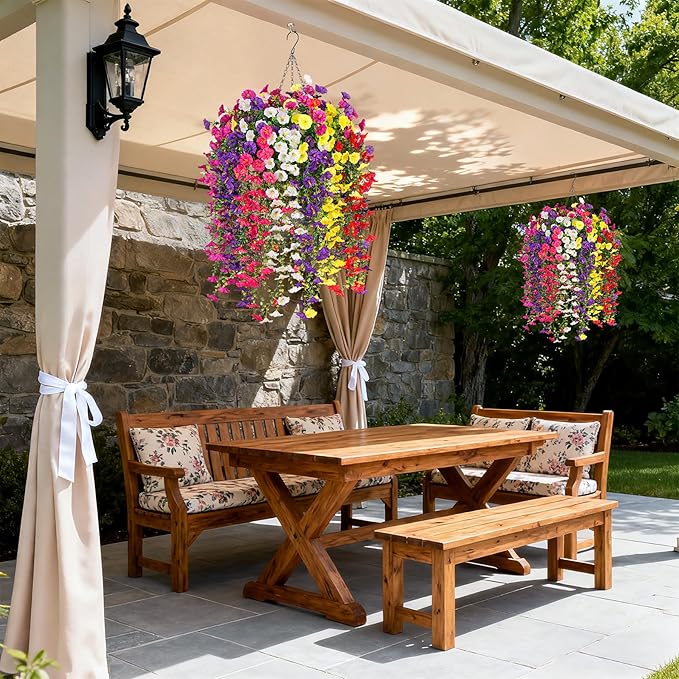 Artificial Flowers with Hanging Basket, Outdoor Faux Plants Silk Morning Glory Vines, Fake Petunias for Garden Patio Spring Summer Decor, Mixed Color