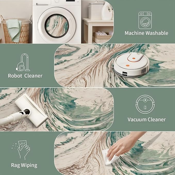 Ciicool Modern Abstract Area Rug 2x3 Washable Small Soft Entryway Rugs, Green Non-Slip Low Pile Throw Swirl Entry Rug, Foldable Kitchen Bathroom Rugs Floor Carpet for Entrance Bedroom Indoor Doormat