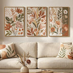 Framed Vintage Botanical Wall Art for Living Room Decor, 3 Piece Boho Warm Neutral Terracotta Floral Nature Canvas Prints, Retro Farmhouse Plant Wall Art for Bedroom Dining Room Entryway, 16x24