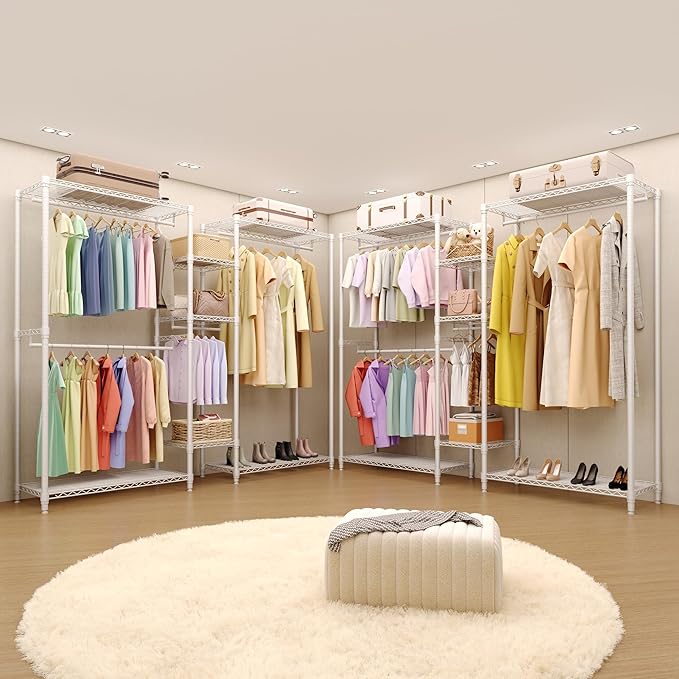 Heavy Duty Garment Rack L Shaped Clothes Rack for Corner,Load 1631LBS,Freestanding Portable Wardrobe Closet Clothing Rack with 7 Adjustable Shelves, 4 Hanging Rods,70.5"H x 85.4"L x 17.4"W
