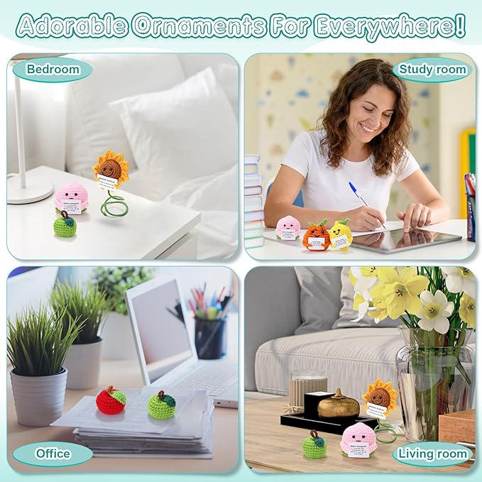 VioraWhite 18 Pcs Positive Fruit Sunflower Emotional Crochet Dolls Bulk Support Encouragement Emotional Knitted Crochet Gifts with Positive Words for Friends Coworker Decorations for Home Office