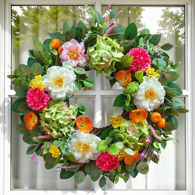 Pinkpuii 24 Inch Spring Wreaths for Front Door- Outdoor Spring Summer Flower Wreath with Vibrant Peony Hydrangea Flower, Green Eucalyptus Leaves and Orange Berry- Ideal for Porch,Mantel,Home Wall