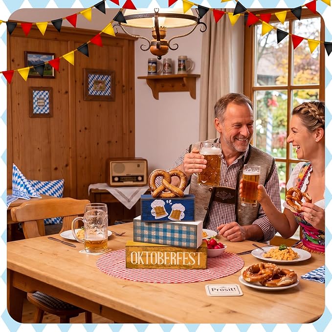 Yuntau 4 Pcs Oktoberfest Table Decorations Wooden Beer Tabletop Centerpiece Bavarian German Festival Tiered Tray Decor Rustic Oktoberfest Block Sign for Photo Prop Party