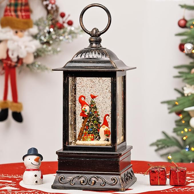 Christmas Snow Globe Decorations, Musical Glitter Red Gnome Lantern with 6H Timer, USB/Battery Powered Lighted Décor for Home, Tabletop, Gift Box