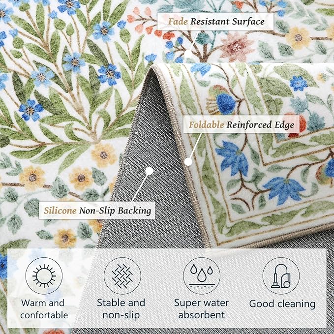 Non-Slip Bathroom Runner Rug 2x6 Feet, Washable Long Kitchen Hallway Laundry Mat, Beige Green Vintage Floral Design